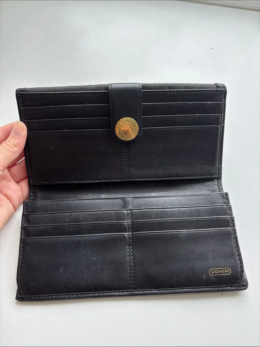Coach Black Signature Canvas Continental Wallet with Gold Snap